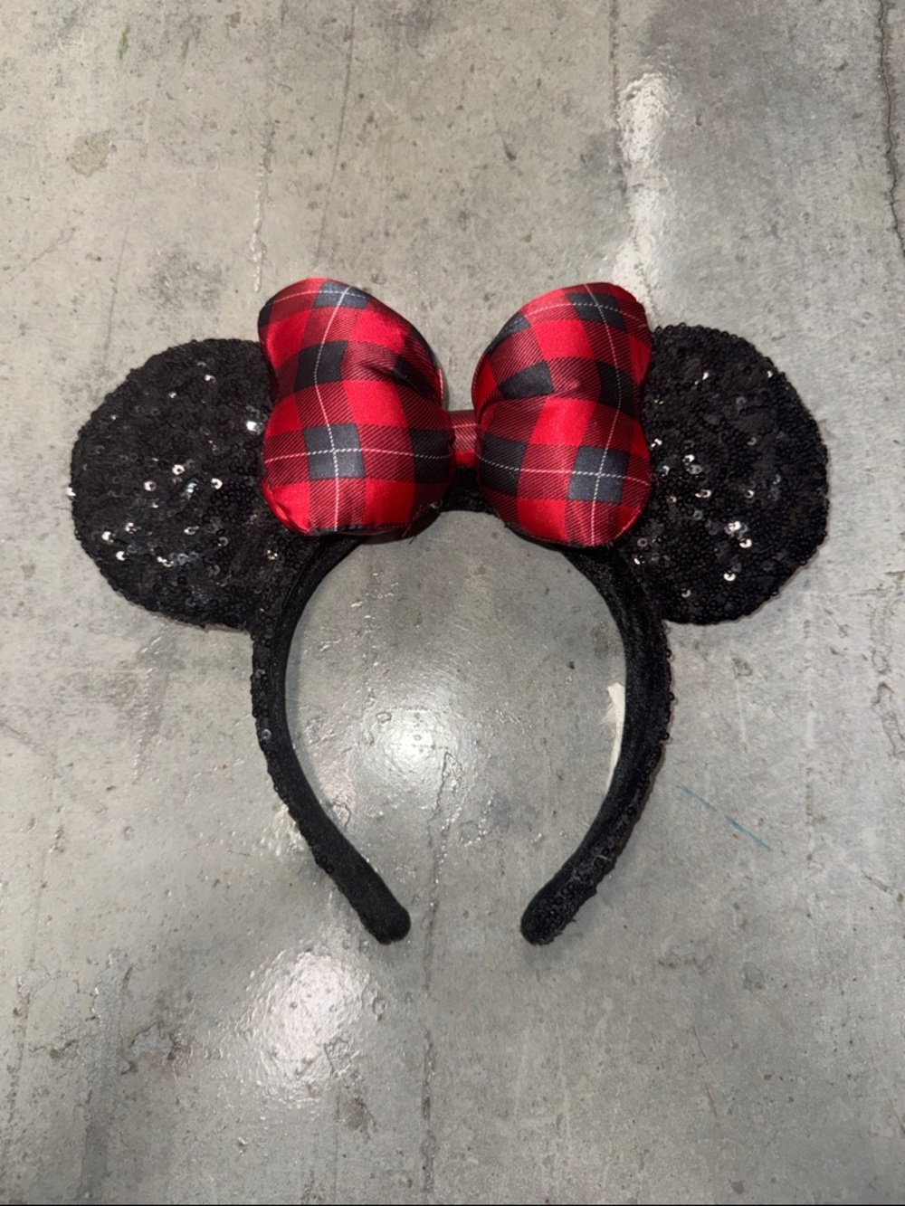 Disney Black Sequin Minnie Headband with Red Plaid Bow